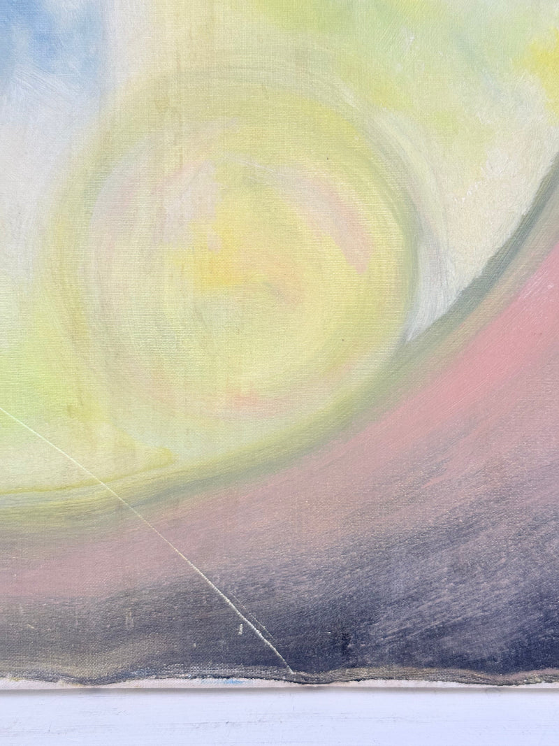 Abstract oil painting on canvas in yellow, pink and grey tones, photographed upright on a white surface.