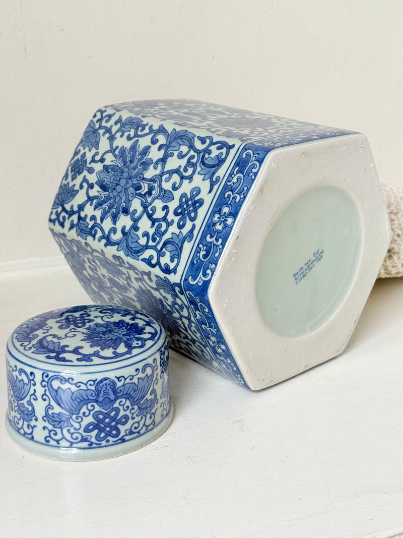 Blue and white floral ginger jar by Gisela Graham, photographed on a white surface