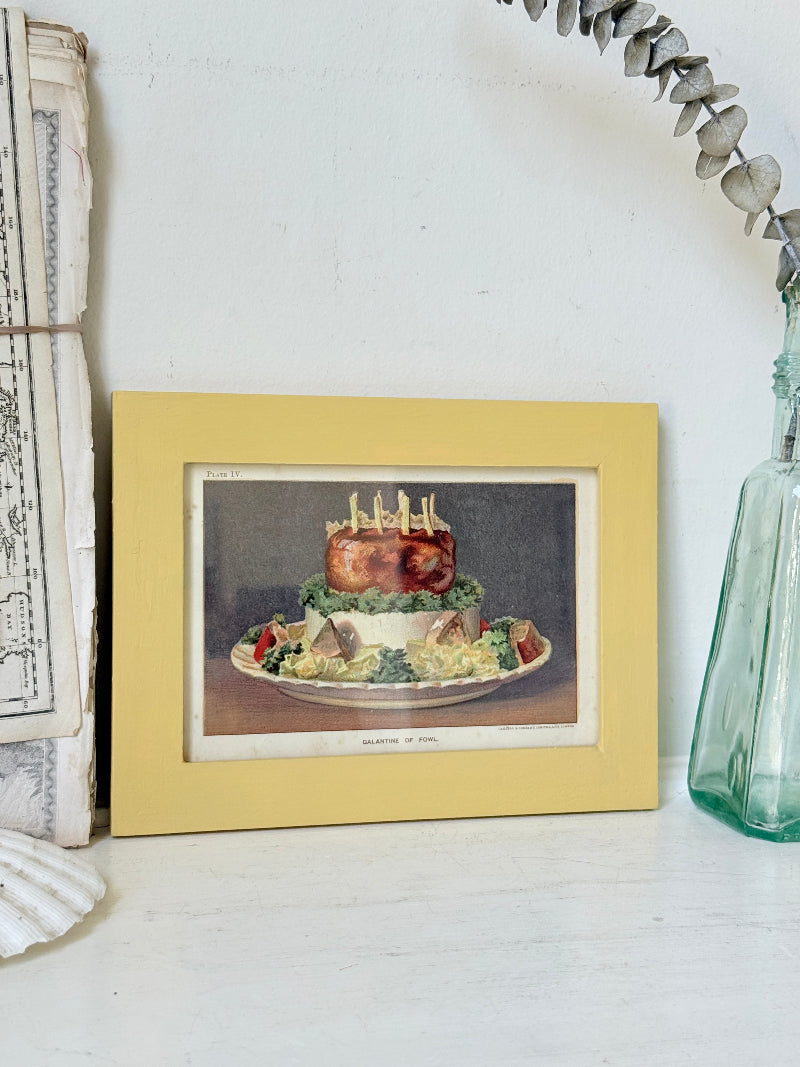 Framed antique Victorian cookery illustration from Cassell’s New Universal Cookery Book showing Galantine of Fowl