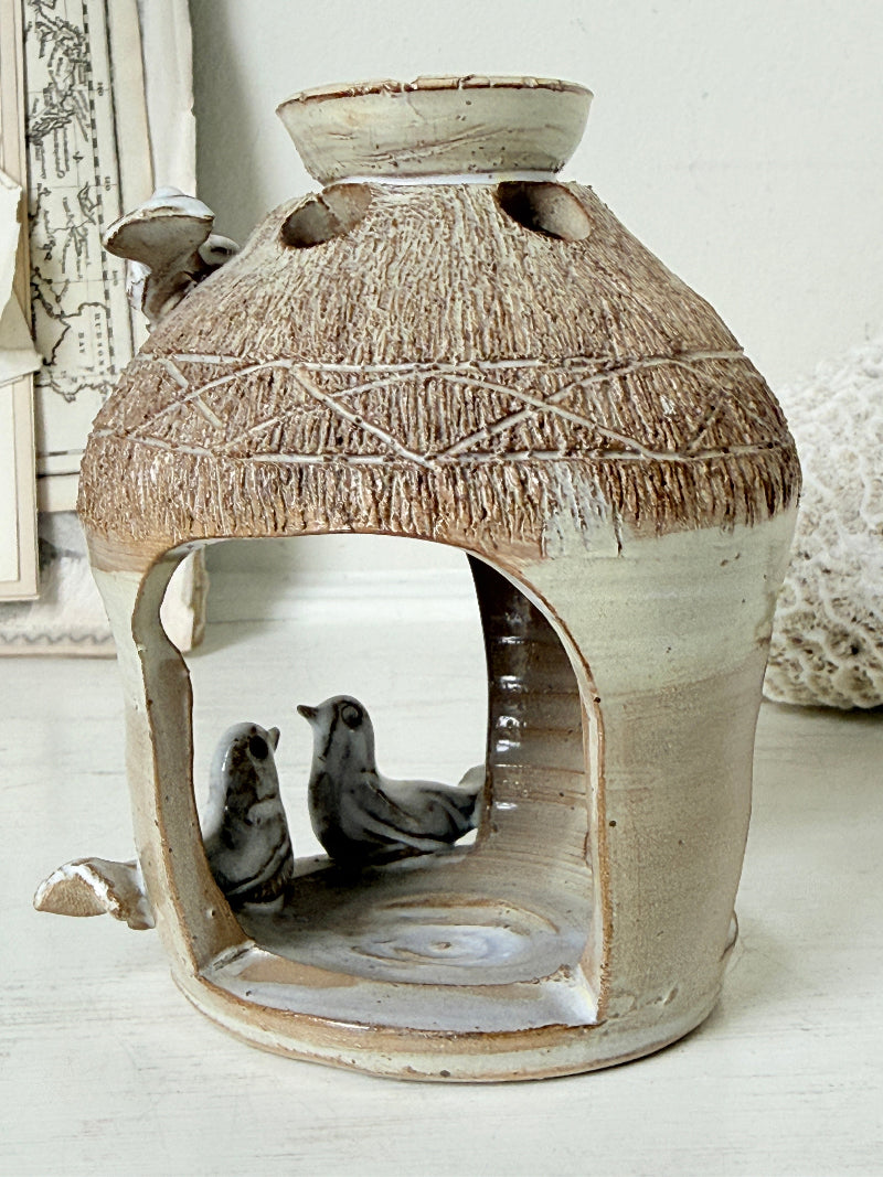 Studio pottery decorative bird house with handmade ceramic birds, textured roof and natural earthy glaze