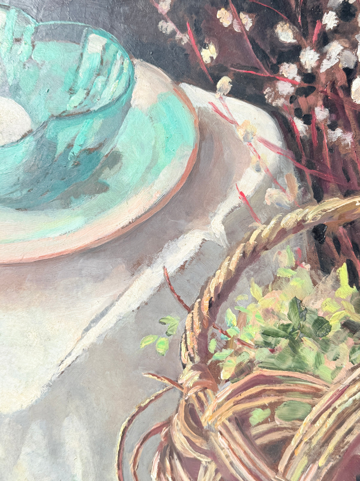 Mid Century Still Life Oil Painting in Jade and Burgundy, Eggs and Pussy Willow