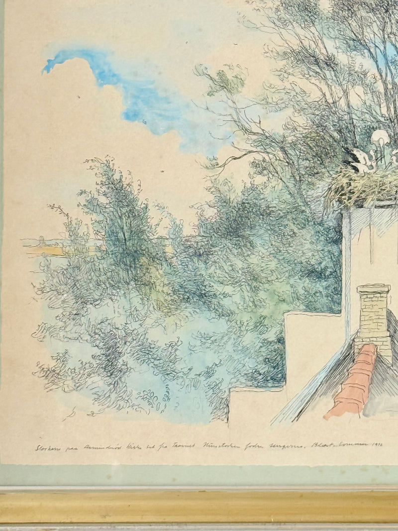 Vintage watercolour of birds nesting in chimney with trees and sky in gold frame