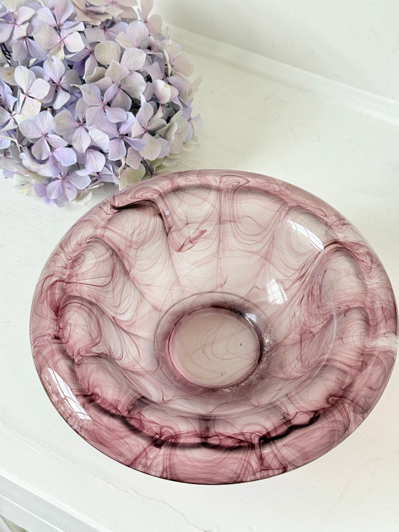 Davidson Art Deco smoky amethyst glass bowl, medium size with scalloped rim, photographed on white surface