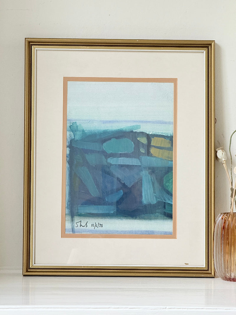 1970s framed abstract watercolour and gouache painting titled Rock Pools St Ives by Shields, photographed on white surface