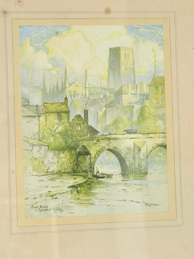 framed print of durham cathedral and elvet bridge with soft green and yellow tones photographed on white surface