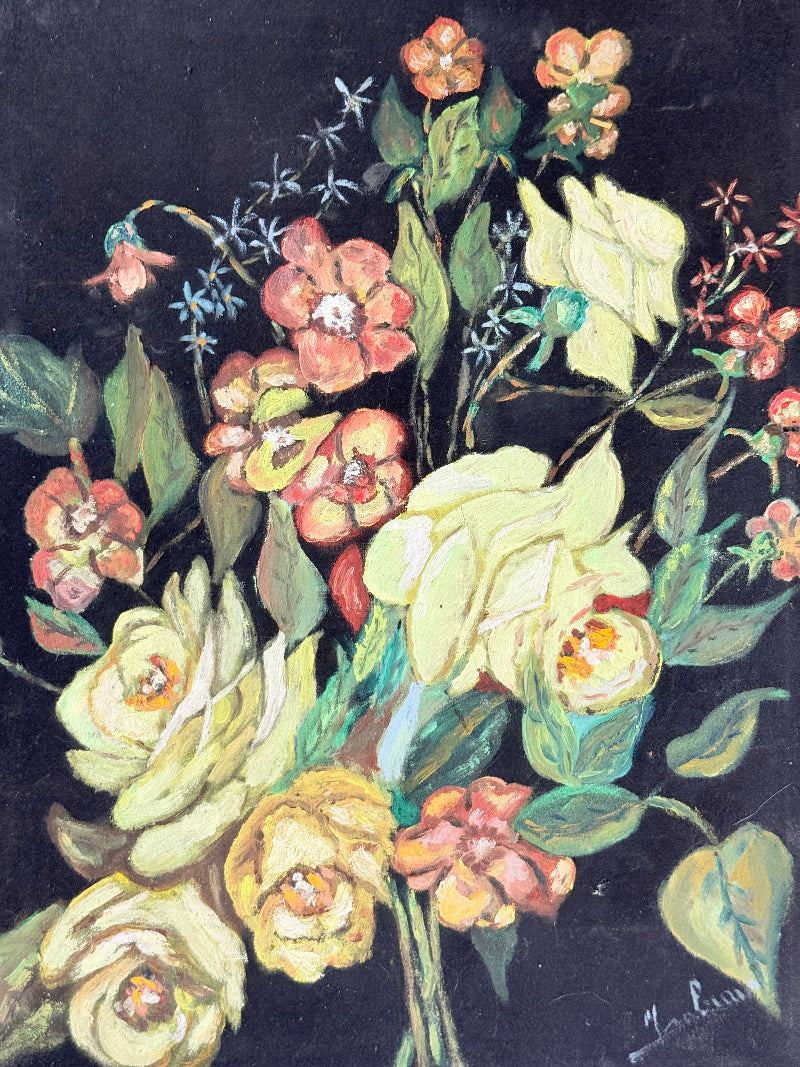 Vintage floral still life oil on canvas with yellow and peach blooms against dark background, unframed, on white surface.