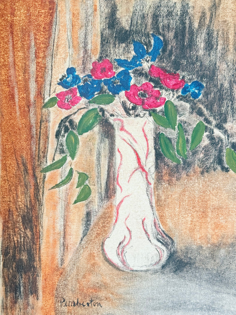 Still life of red and blue anemones in vase, mid-century charcoal and mixed media artwork signed Pemberton