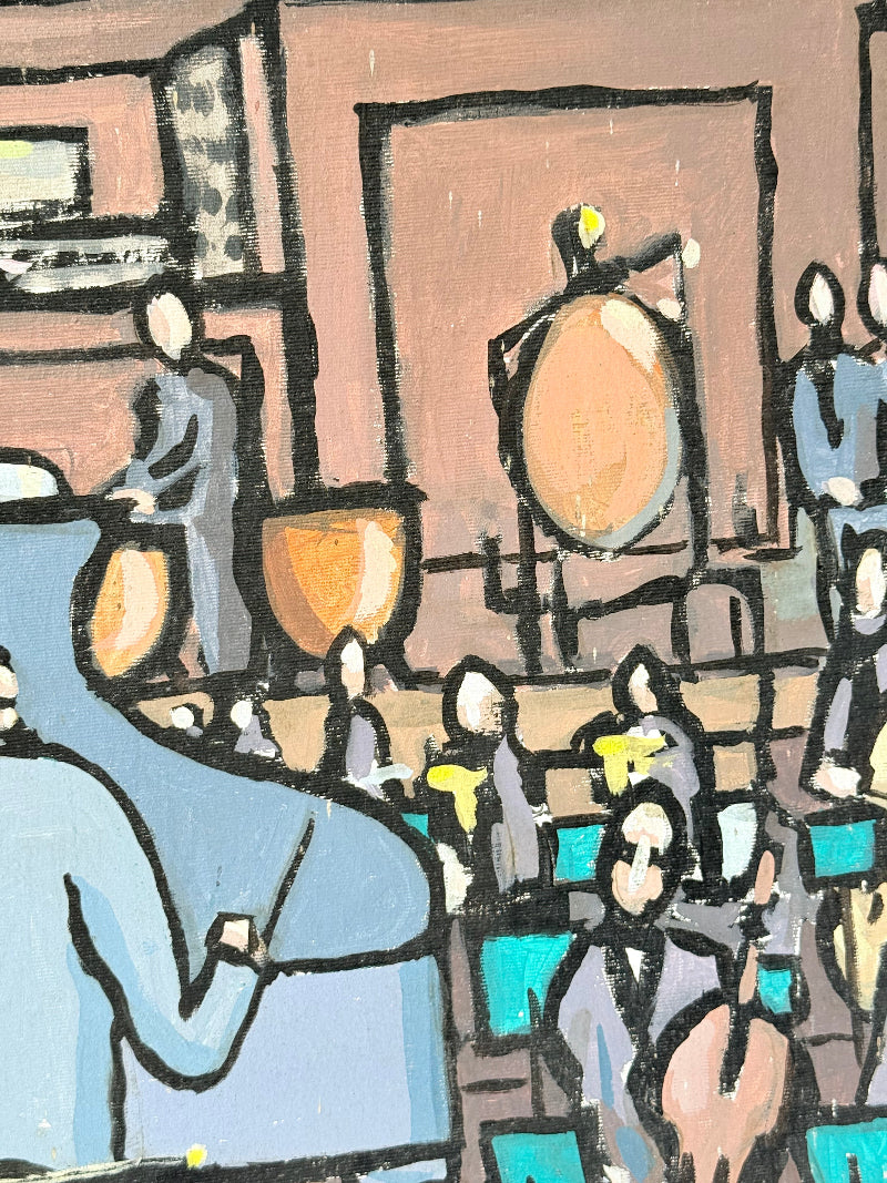 Vintage orchestral oil painting on board showing conductor and musicians, unframed, photographed on white surface.