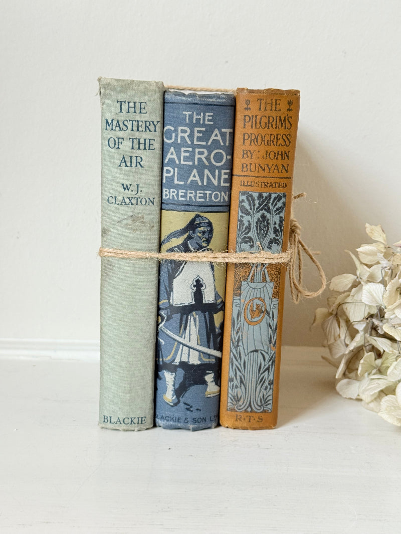 Vintage decorative book bundle in blue, grey, and ochre tied with twine, photographed on a white surface