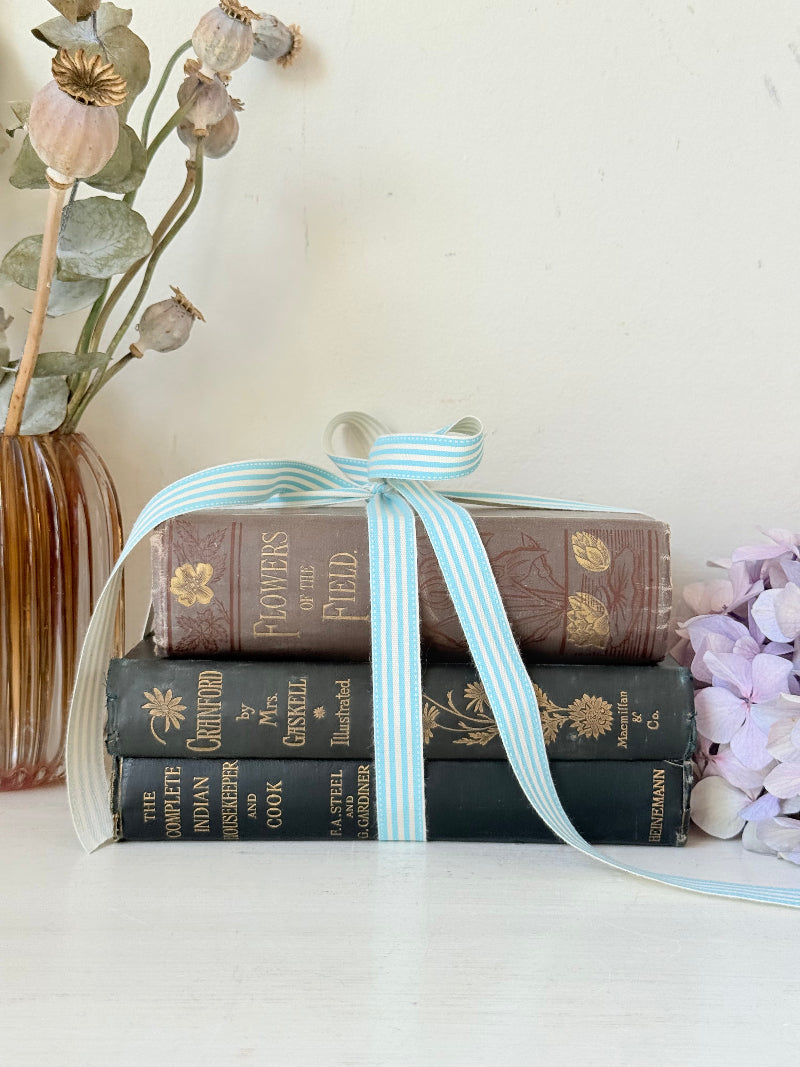 Bundle of antique books with decorative spines tied with ribbon, styled on white surface with dried flowers