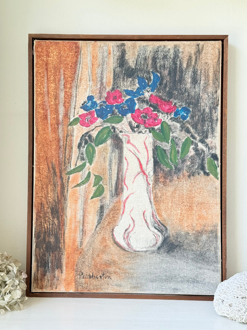 Still life of red and blue anemones in vase, mid-century charcoal and mixed media artwork signed Pemberton