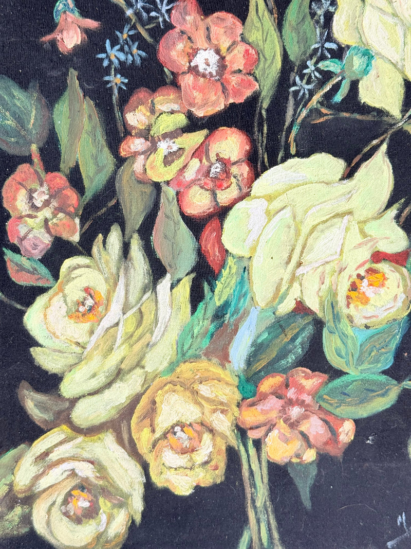 Vintage floral still life oil on canvas with yellow and peach blooms against dark background, unframed, on white surface.