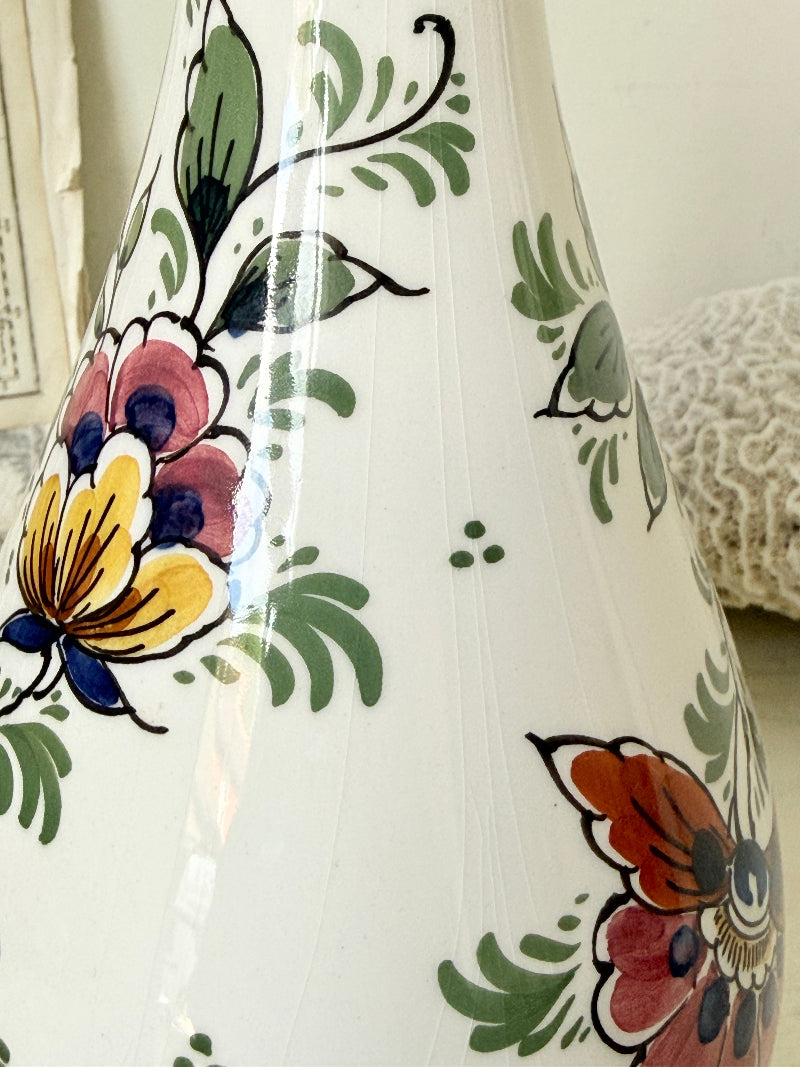 Dutch Delft polychrome vase by De Delftse Pauw hand painted with a peacock and flowers on white