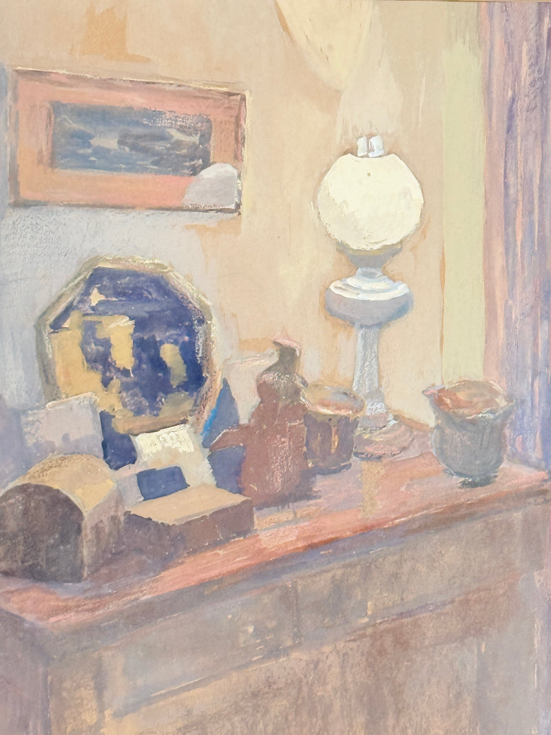 An impressionistic oil painting of a still life interior scene, featuring a table with a blue and yellow patterned mirror, a white table lamp, a small brown bottle, and other household objects against a warm beige wall.