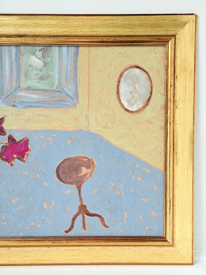 Naïve interior oil painting with red flowers in a vase, in golden frame, styled on a white dresser with neutral background