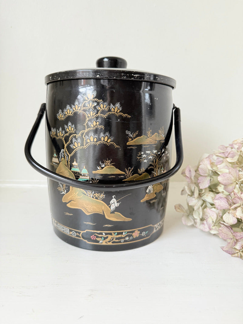 mid century baret ware china gardens black and gold ice bucket with glass liner photographed on white surface