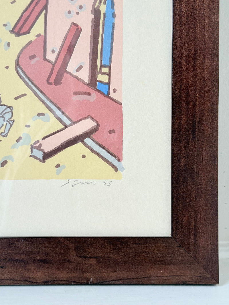Limited edition screen print of Beirut by Antonio Segui in a wooden frame, signed and dated 1995, photographed on a white surface