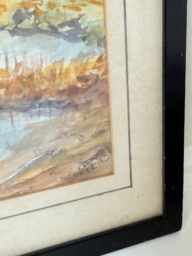 Vintage signed watercolour landscape of mountains and lake in black frame