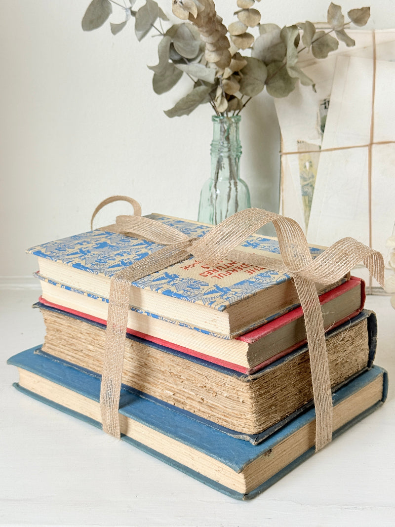 Stack of cloth bound vintage books in blue red and tan tied with jute ribbon styled with dried eucalyptus