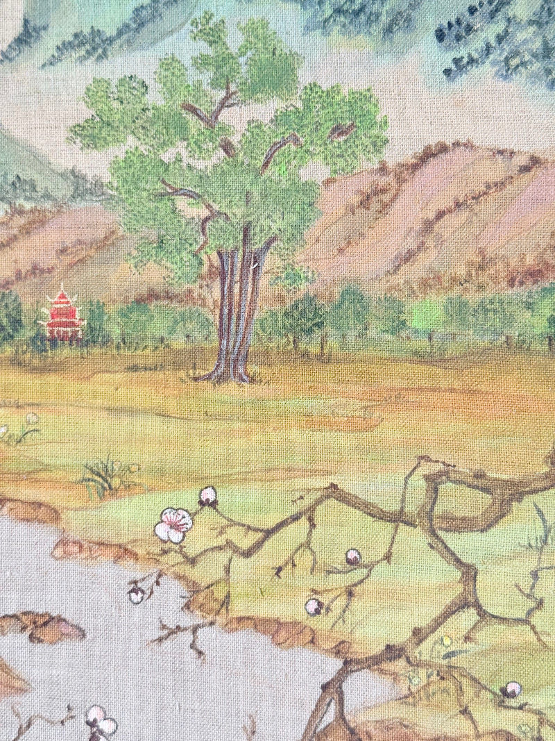 Vintage Chinese watercolour landscape on canvas with tree, mountains and blossom, photographed on white surface