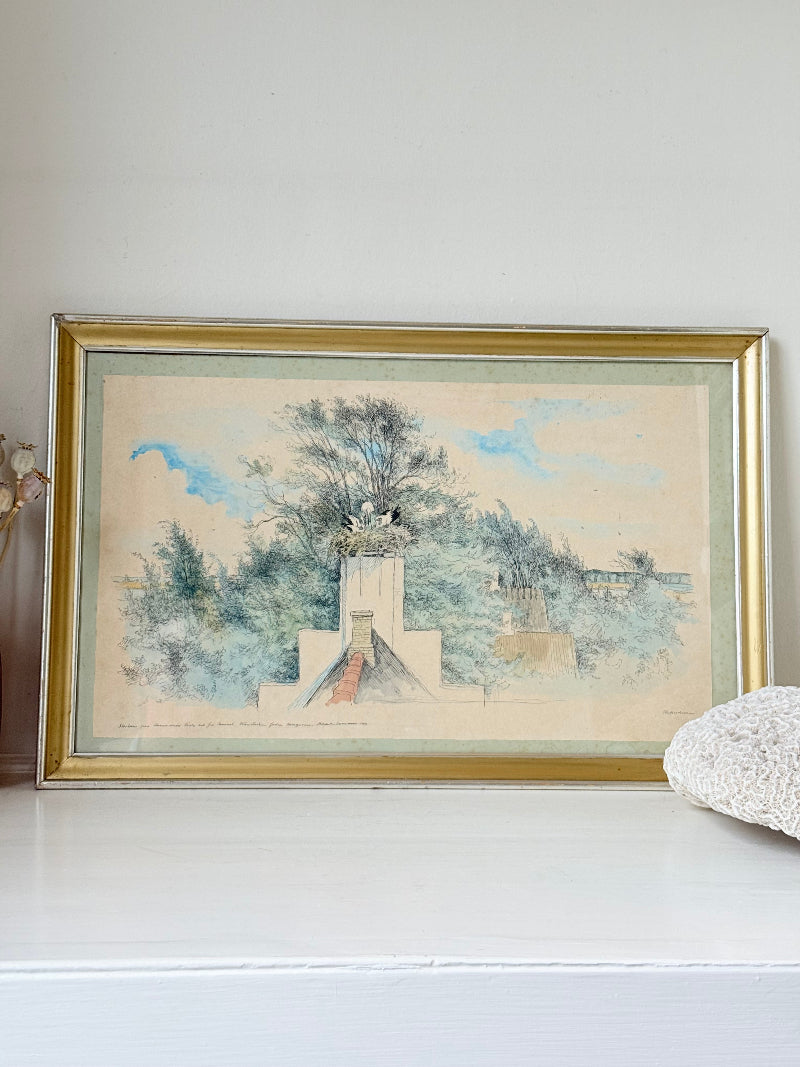 Vintage watercolour of birds nesting in chimney with trees and sky in gold frame