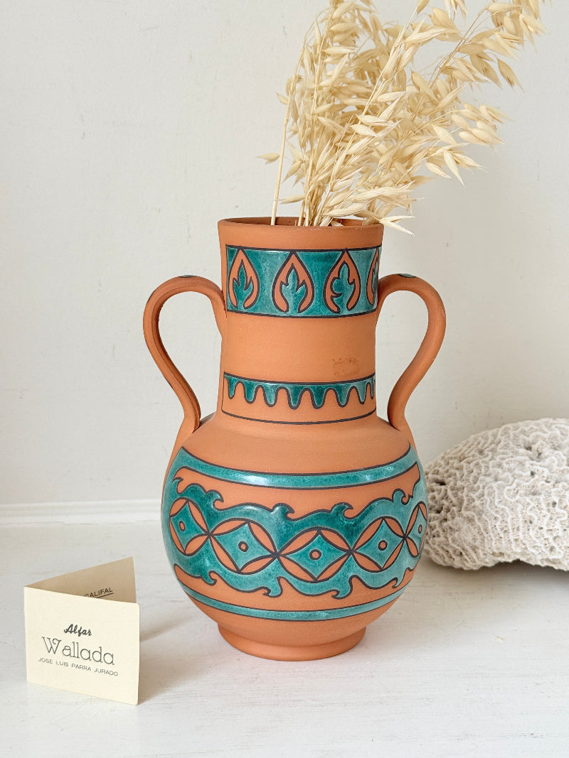Spanish folk pottery twin handled jug vase in terracotta with turquoise glaze and Andalusian style decoration