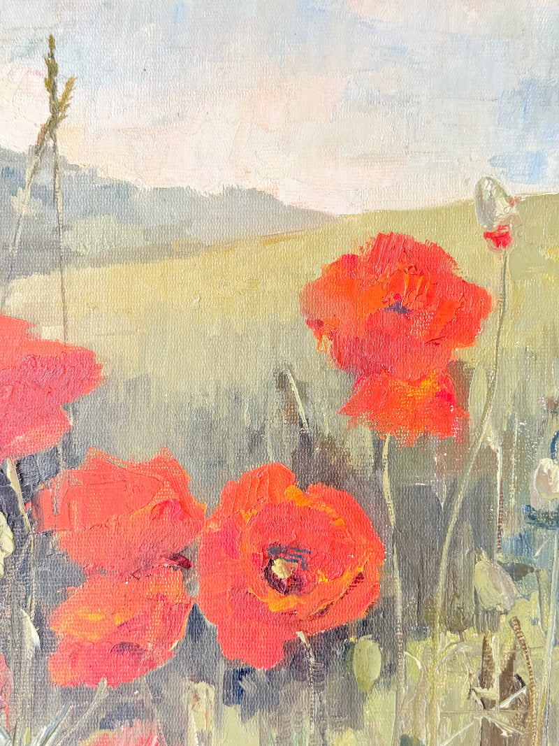 Original oil painting of a red poppy field at Maplescombe Valley in Kent, signed, in a limed wood frame