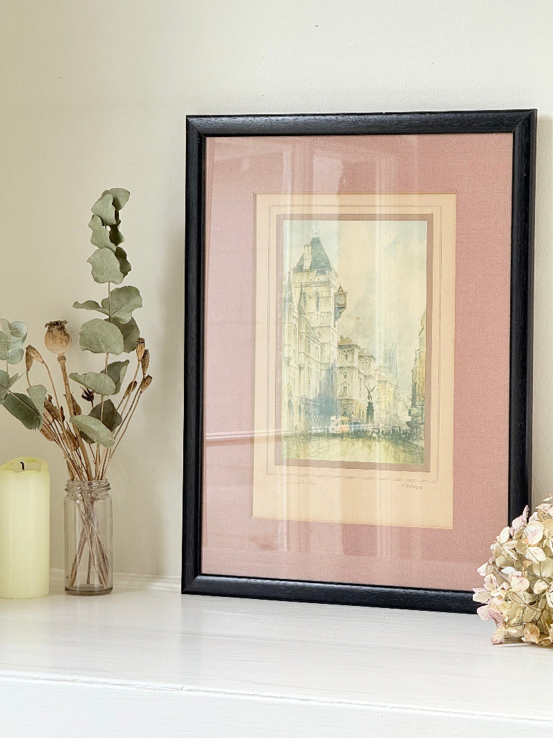 vintage framed print of temple bar watercolour by f robson in black frame with apricot and dusky pink mount on white surface