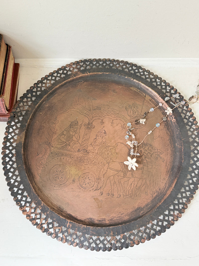 Antique copper tray with pierced gallery rim, figurative horse drawn chariot engraving and two tone aged patina