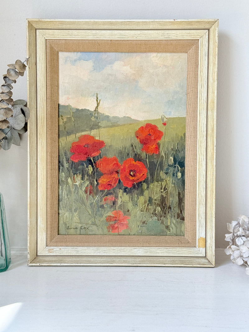 Original oil painting of a red poppy field at Maplescombe Valley in Kent, signed, in a limed wood frame