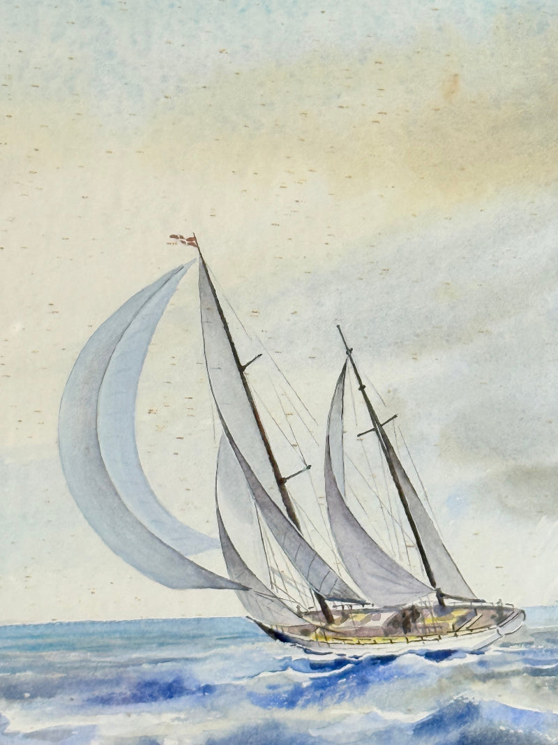 Vintage sailing watercolour signed Larsen in silver frame, seascape with sailboats