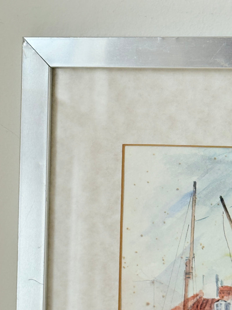 Vintage watercolour harbour scene with Hong Kong restaurant and boats in silver frame