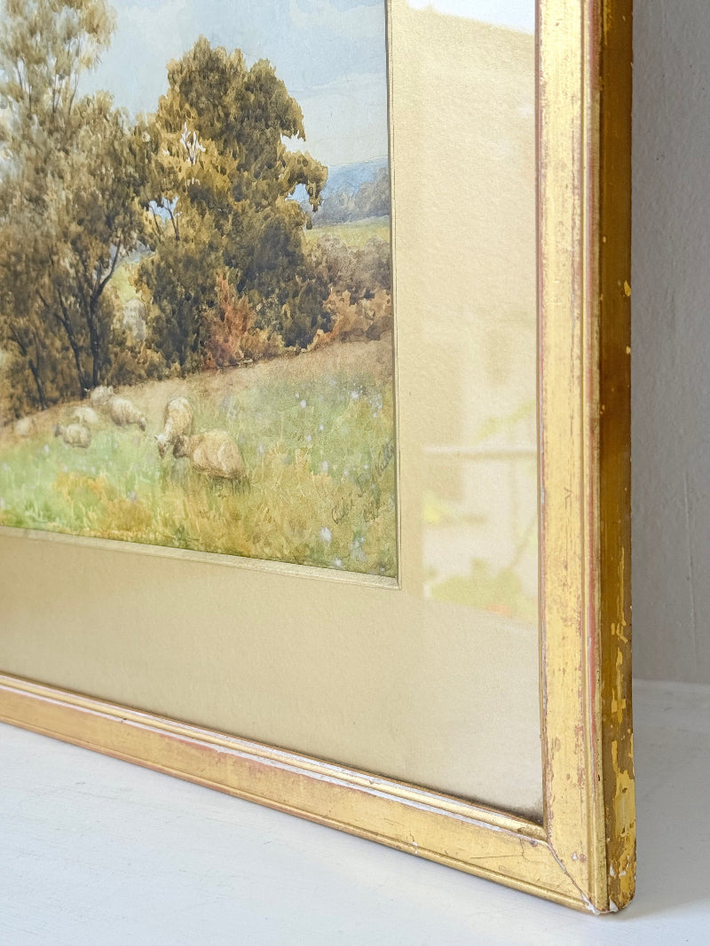 Antique watercolour landscape in gilt frame, countryside scene with trees, photographed on white surface.