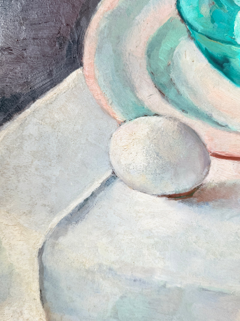 Detail of a single egg on the white cloth in the mid century still life oil painting