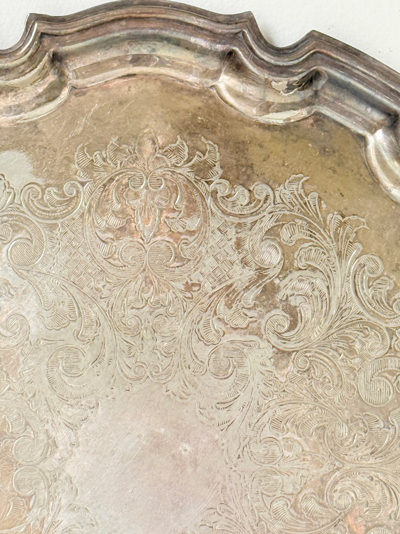 Vintage EPNS silver plate tray made in England with piecrust edge, floral scroll engraving and aged patina