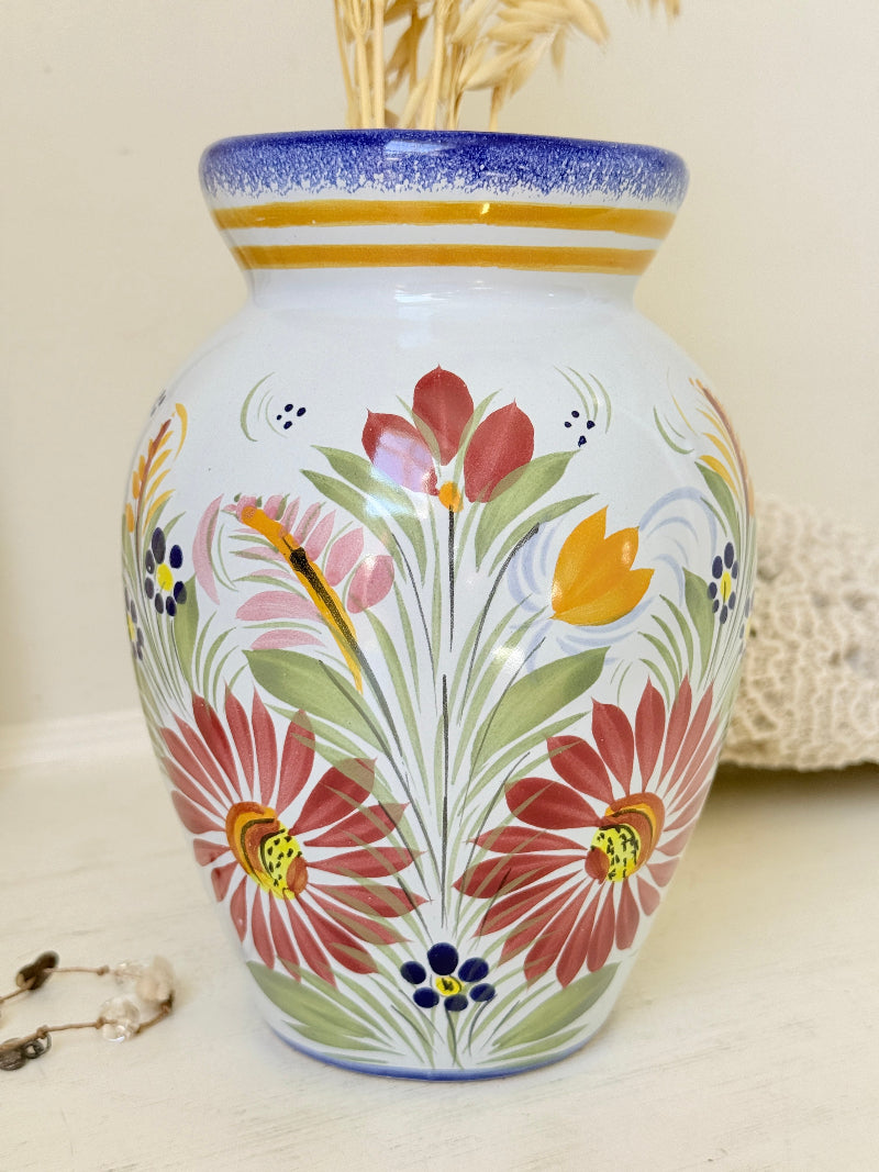 Vintage Henriot Quimper faience vase with hand painted floral decoration, blue rim and colourful French folk pottery style