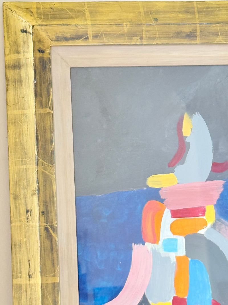 Colourful abstract acrylic painting after Donald Hamilton Fraser in gold frame, photographed on white background