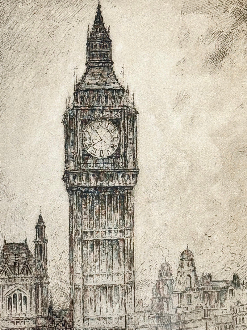 Vintage framed print of Big Ben in London, black frame, photographed on white surface with dried flowers