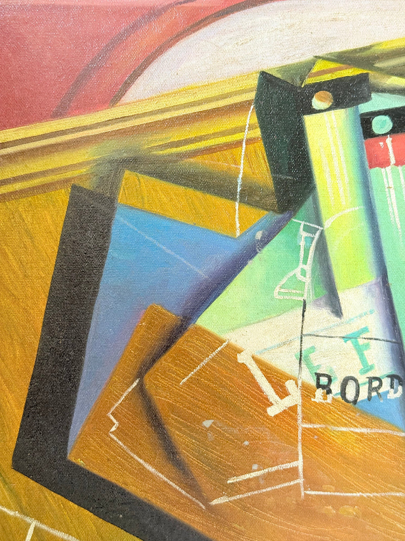 Vintage cubist-style oil on canvas laid on board, After Juan Gris (Spanish, 1887–1927), The Bordeaux Bottle still life, framed in gilt