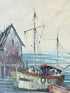 Vintage harbour scene oil painting of fishing boat and wharf buildings in gilt frame, textured brushwork, on white surface.