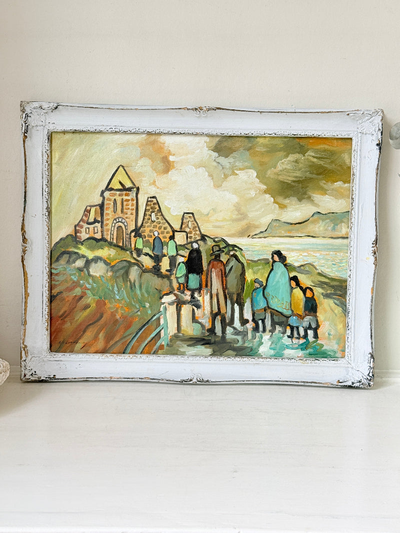 Markey Robinson style oil on board of shawled figures going to a hilltop church in teal and ochre