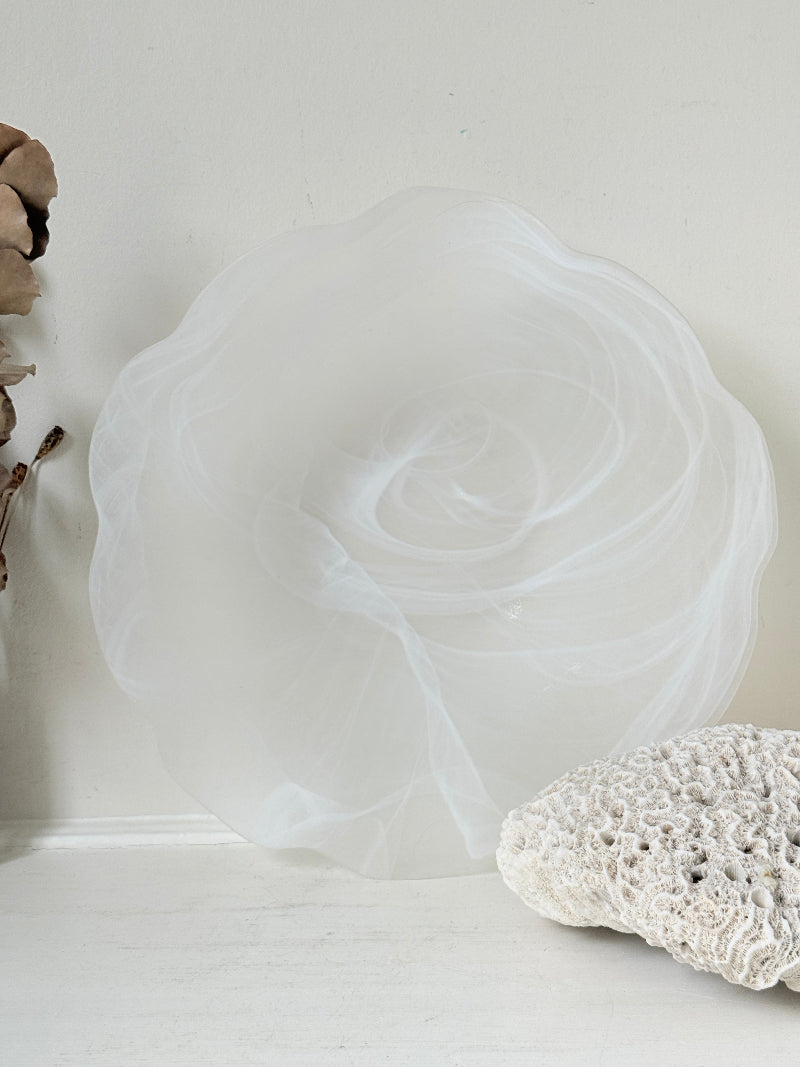 Large vintage white matt glass swirl ruffle bowl photographed on a white surface