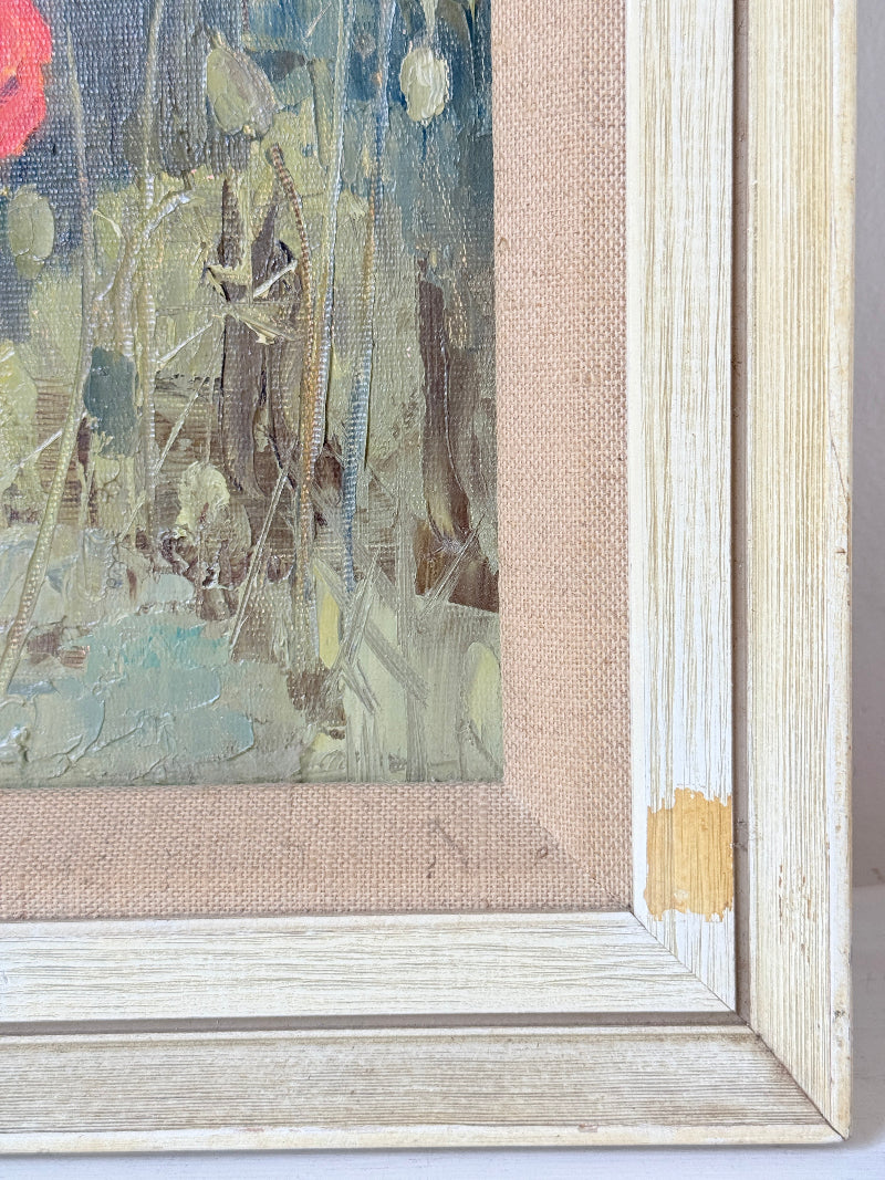 Original oil painting of a red poppy field at Maplescombe Valley in Kent, signed, in a limed wood frame