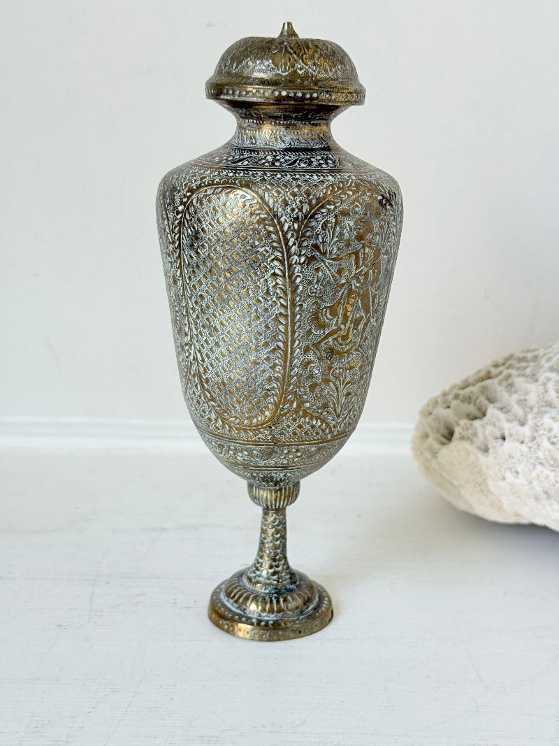 Indian Benares Brass Lidded Chalice Vase with Figural Panels and Pedestal Base