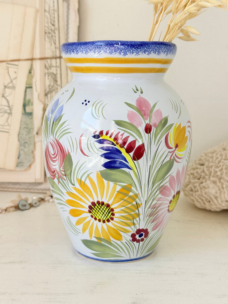 Vintage Henriot Quimper faience vase with hand painted floral decoration, blue rim and colourful French folk pottery style