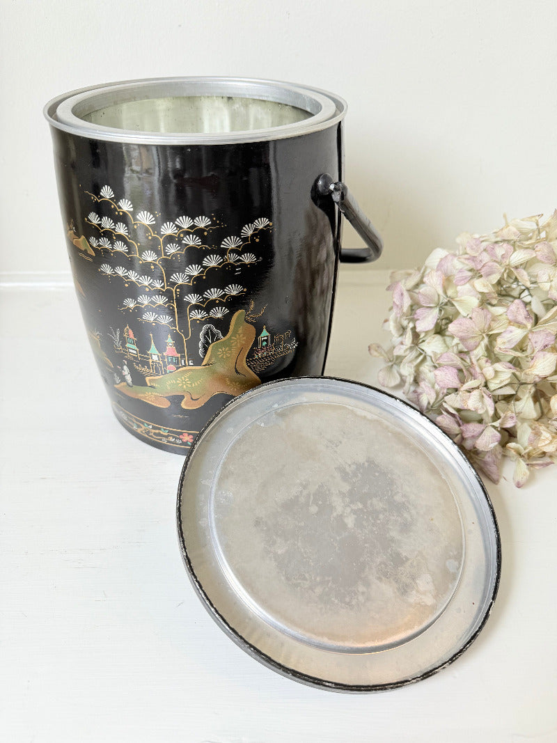 mid century baret ware china gardens black and gold ice bucket with glass liner photographed on white surface