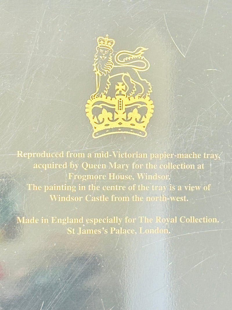 vintage metal tray with painted windsor castle scene and floral border on black background