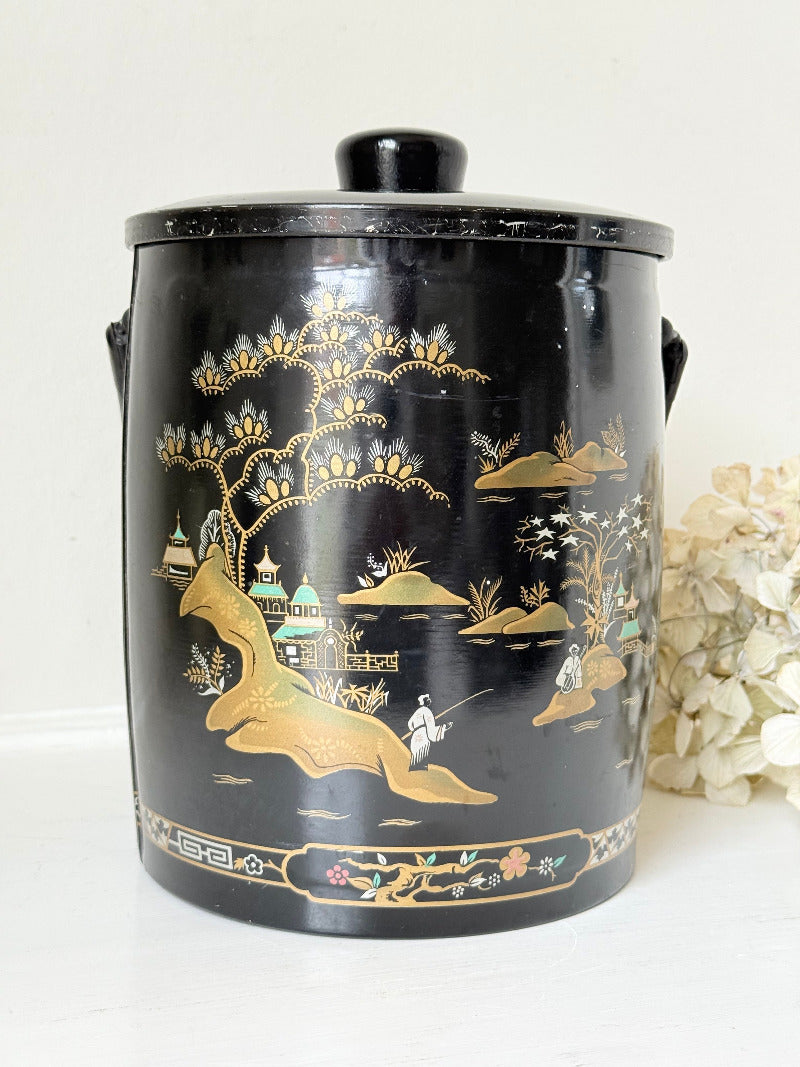mid century baret ware china gardens black and gold ice bucket with glass liner photographed on white surface