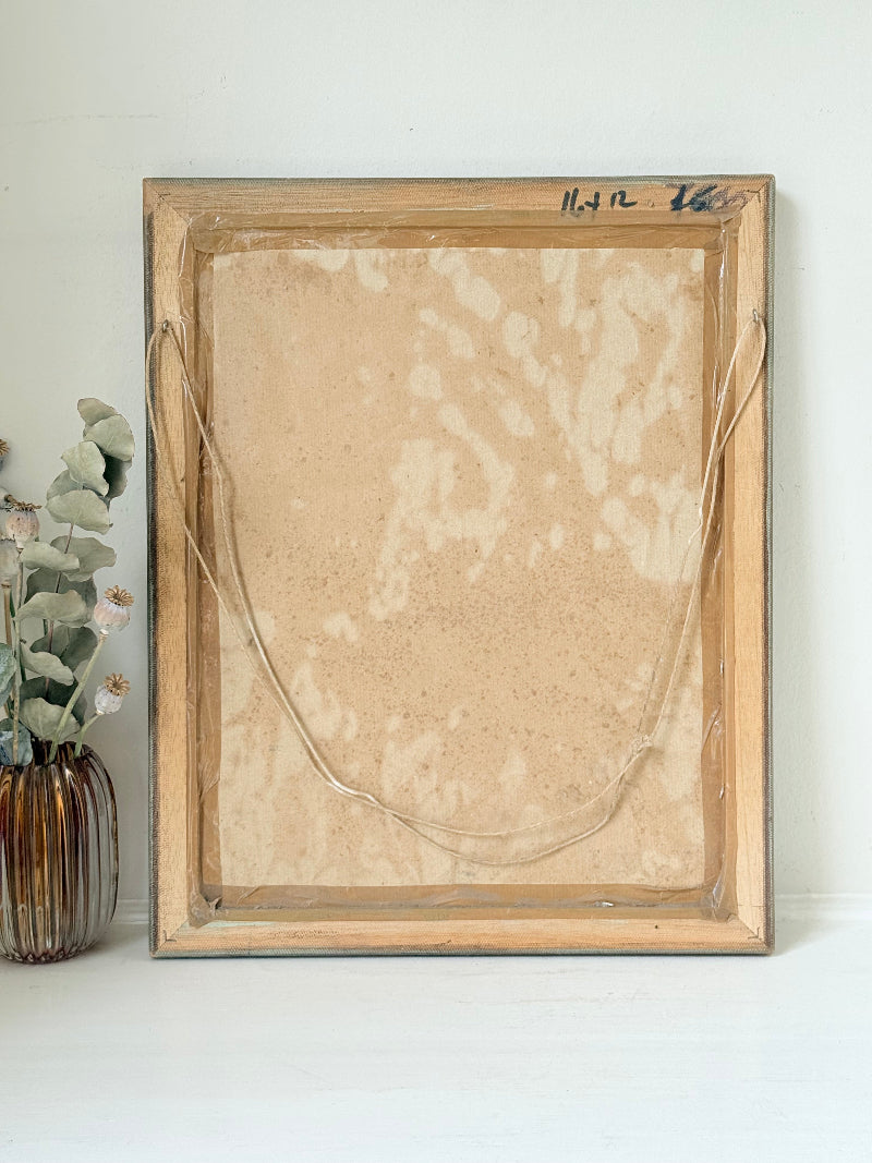Vintage oil on board painting of waterlilies on a pond by Muriel Hester Broughton (1904–2003), monogrammed MB, framed in silver wood, photographed on a white surface