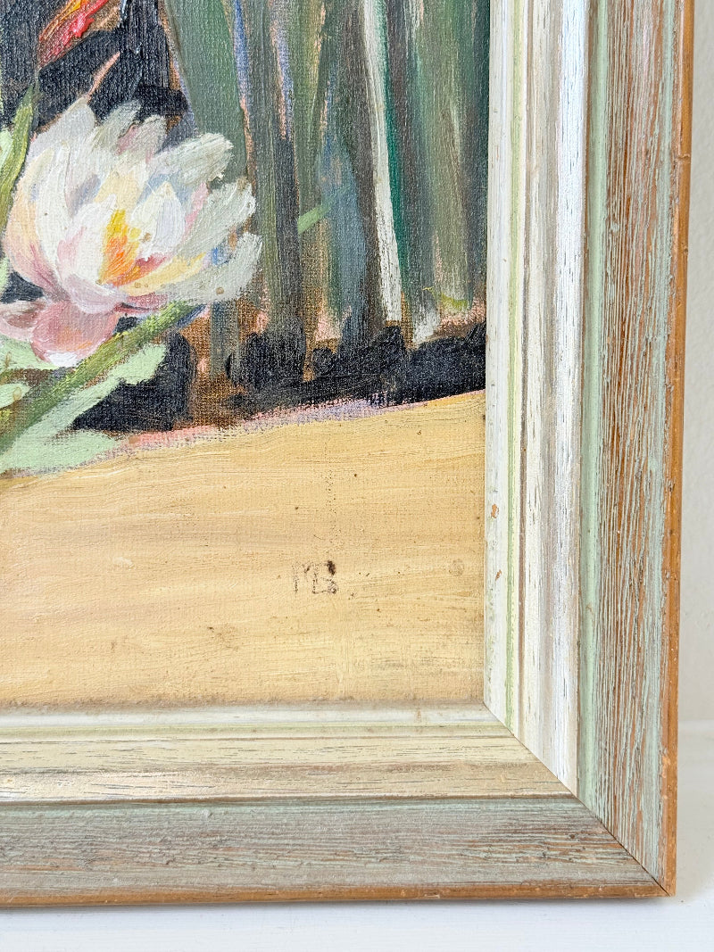 Vintage oil on board painting of waterlilies on a pond by Muriel Hester Broughton (1904–2003), monogrammed MB, framed in silver wood, photographed on a white surface